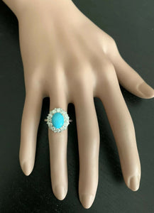 3.50 Carats Impressive Natural Turquoise and Diamond 14K White Gold Ring