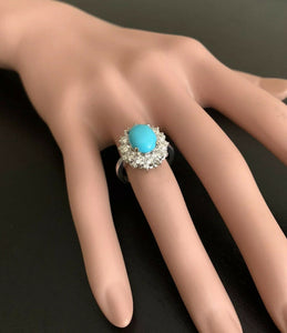 3.50 Carats Impressive Natural Turquoise and Diamond 14K White Gold Ring