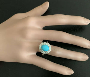 3.50 Carats Impressive Natural Turquoise and Diamond 14K White Gold Ring