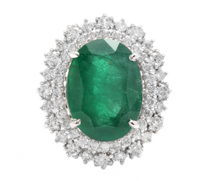 9.60 Carats Natural Emerald and Diamond 14K Solid White Gold Ring