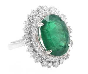 9.60 Carats Natural Emerald and Diamond 14K Solid White Gold Ring