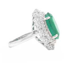 9.60 Carats Natural Emerald and Diamond 14K Solid White Gold Ring