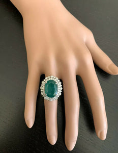 9.60 Carats Natural Emerald and Diamond 14K Solid White Gold Ring