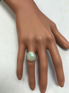 6.80 Carats Natural Impressive Australian Opal and Diamond 14K Solid Rose Gold Ring