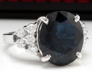 10.70 Carats Exquisite Natural Blue Sapphire and Diamond 14K Solid White Gold Ring