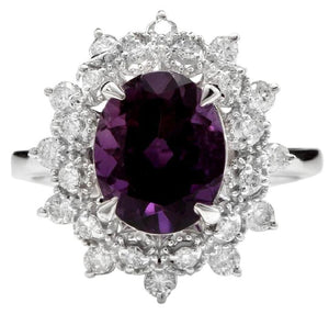 3.60 Carats Natural Amethyst and Diamond 14K Solid White Gold Ring