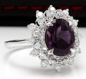 3.60 Carats Natural Amethyst and Diamond 14K Solid White Gold Ring
