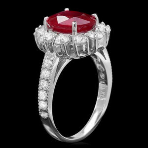 4.50 Carats Natural Red Ruby and Diamond 14K Solid White Gold Ring