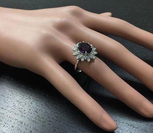 3.60 Carats Natural Amethyst and Diamond 14K Solid White Gold Ring