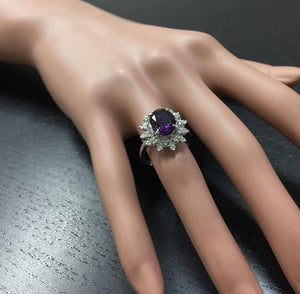 3.60 Carats Natural Amethyst and Diamond 14K Solid White Gold Ring