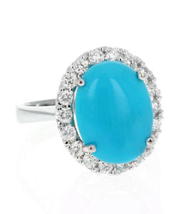 7.65 Carats Impressive Natural Turquoise and Diamond 14K White Gold Ring