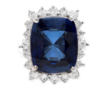 Load image into Gallery viewer, 12.75 Carats Lab Created Ceylon Blue Sapphire and Natural Diamond 14K Solid White Gold Ring
