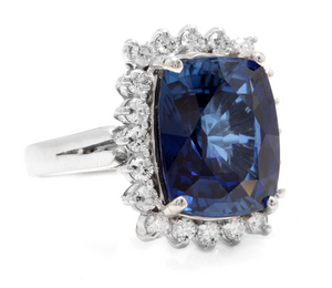 12.75 Carats Lab Created Ceylon Blue Sapphire and Natural Diamond 14K Solid White Gold Ring