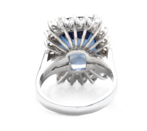 12.75 Carats Lab Created Ceylon Blue Sapphire and Natural Diamond 14K Solid White Gold Ring