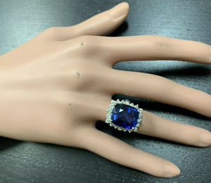12.75 Carats Lab Created Ceylon Blue Sapphire and Natural Diamond 14K Solid White Gold Ring