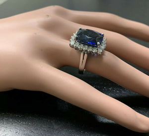 12.75 Carats Lab Created Ceylon Blue Sapphire and Natural Diamond 14K Solid White Gold Ring