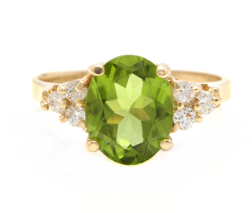 3.25 Carats Impressive Natural Peridot and Diamond 14K Yellow Gold Ring