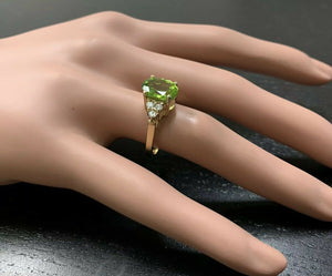 3.25 Carats Impressive Natural Peridot and Diamond 14K Yellow Gold Ring