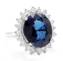 Load image into Gallery viewer, 12.05 Carats Lab Created Ceylon Blue Sapphire and Natural Diamond 14K Solid White Gold Ring