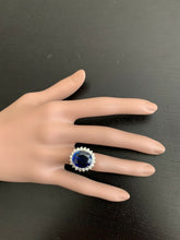 Load image into Gallery viewer, 12.05 Carats Lab Created Ceylon Blue Sapphire and Natural Diamond 14K Solid White Gold Ring