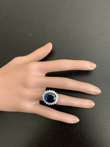 12.05 Carats Lab Created Ceylon Blue Sapphire and Natural Diamond 14K Solid White Gold Ring
