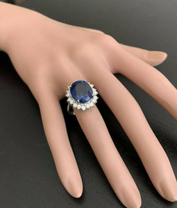 12.05 Carats Lab Created Ceylon Blue Sapphire and Natural Diamond 14K Solid White Gold Ring