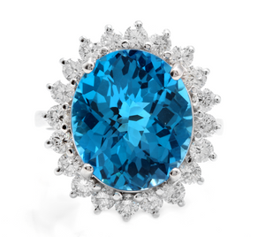11.05 Carats Impressive Natural Swiss Blue Topaz and Diamond 14K Solid White Gold Ring