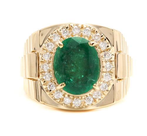 5.70 Carats Natural Emerald and Diamond 18K Solid Yellow Gold Men's Ring