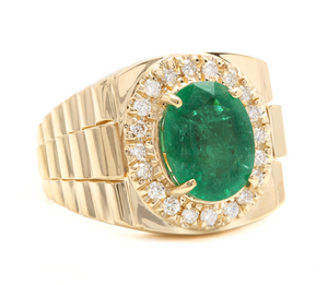 5.70 Carats Natural Emerald and Diamond 18K Solid Yellow Gold Men's Ring