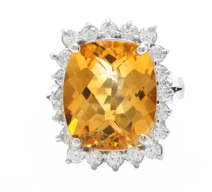8.75 Carats Natural Very Nice Looking Citrine and Diamond 14K Solid White Gold Ring