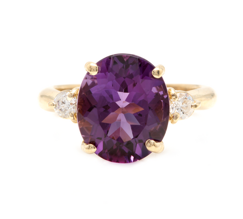 5.24 Carats Natural Impressive Amethyst and Diamond 14K Yellow Gold Ring