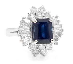 5.04 Carats Exquisite Natural Blue Sapphire and Diamond 14K Solid White Gold Ring