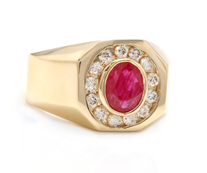 3.00 Carats Natural Ruby and Diamond 14K Solid Yellow Gold Men's Ring