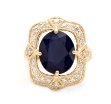 Load image into Gallery viewer, 6.70 Carats Exquisite Natural Blue Sapphire and Diamond 14K Solid Yellow Gold Ring