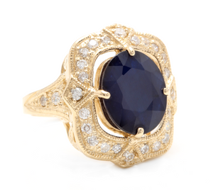 6.70 Carats Exquisite Natural Blue Sapphire and Diamond 14K Solid Yellow Gold Ring