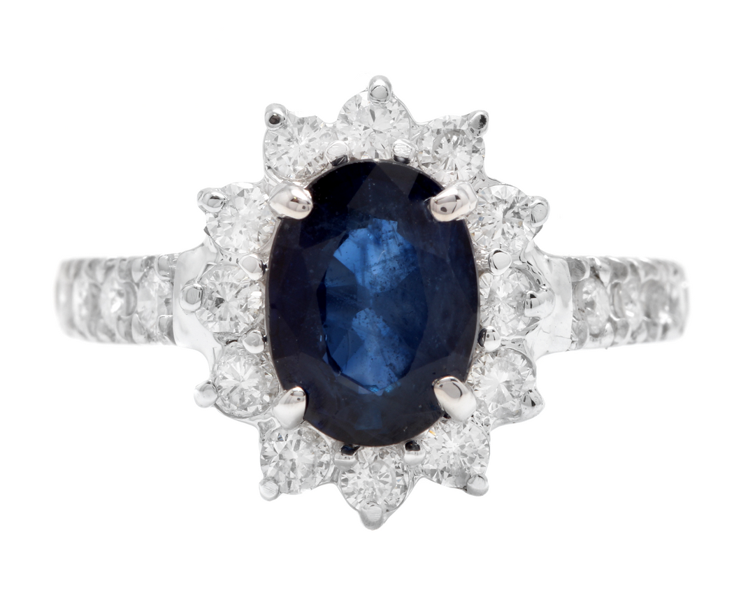 3.25 Carats Exquisite Natural Blue Sapphire and Diamond 14K Solid White Gold Ring