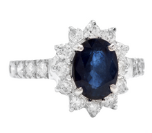 Load image into Gallery viewer, 3.25 Carats Exquisite Natural Blue Sapphire and Diamond 14K Solid White Gold Ring