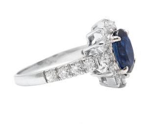 3.25 Carats Exquisite Natural Blue Sapphire and Diamond 14K Solid White Gold Ring
