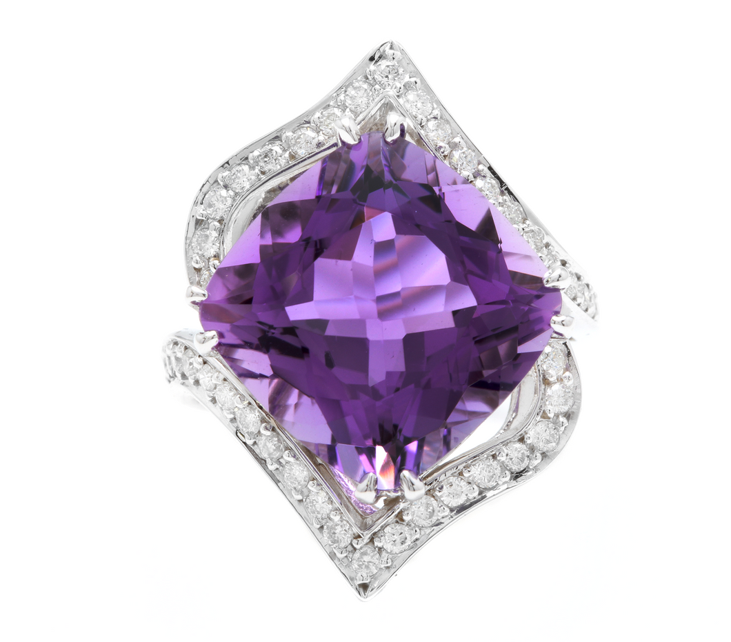 14.70 Carats Natural Amethyst and Diamond 14K Solid White Gold Ring