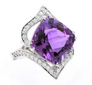 14.70 Carats Natural Amethyst and Diamond 14K Solid White Gold Ring