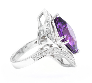 14.70 Carats Natural Amethyst and Diamond 14K Solid White Gold Ring
