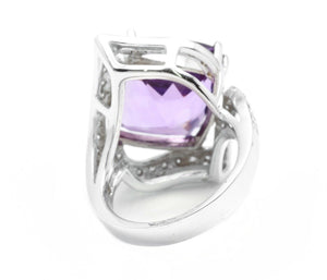 14.70 Carats Natural Amethyst and Diamond 14K Solid White Gold Ring
