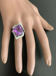 14.70 Carats Natural Amethyst and Diamond 14K Solid White Gold Ring