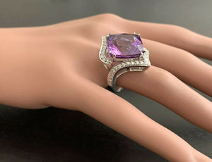 14.70 Carats Natural Amethyst and Diamond 14K Solid White Gold Ring