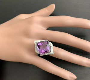 14.70 Carats Natural Amethyst and Diamond 14K Solid White Gold Ring