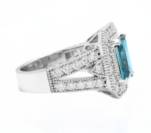 5.95 Carats Natural Very Nice Looking Blue Zircon and Diamond 14K Solid White Gold Ring