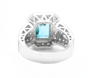 5.95 Carats Natural Very Nice Looking Blue Zircon and Diamond 14K Solid White Gold Ring