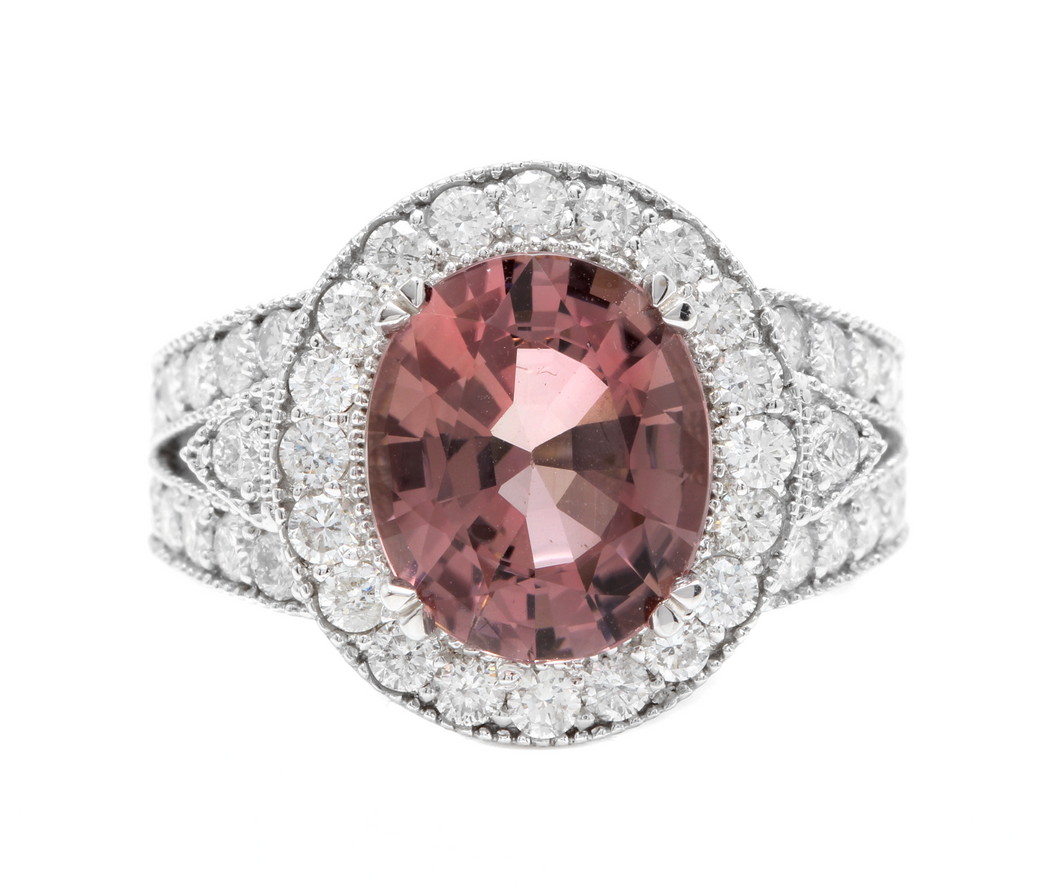 6.00 Carats Natural Very Nice Looking Tourmaline and Diamond 14K Solid White Gold Ring