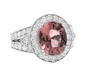 6.00 Carats Natural Very Nice Looking Tourmaline and Diamond 14K Solid White Gold Ring