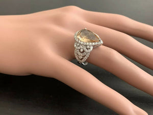 7.15 Carats Natural Impressive Yellow Topaz and Diamond 14K White Gold Ring